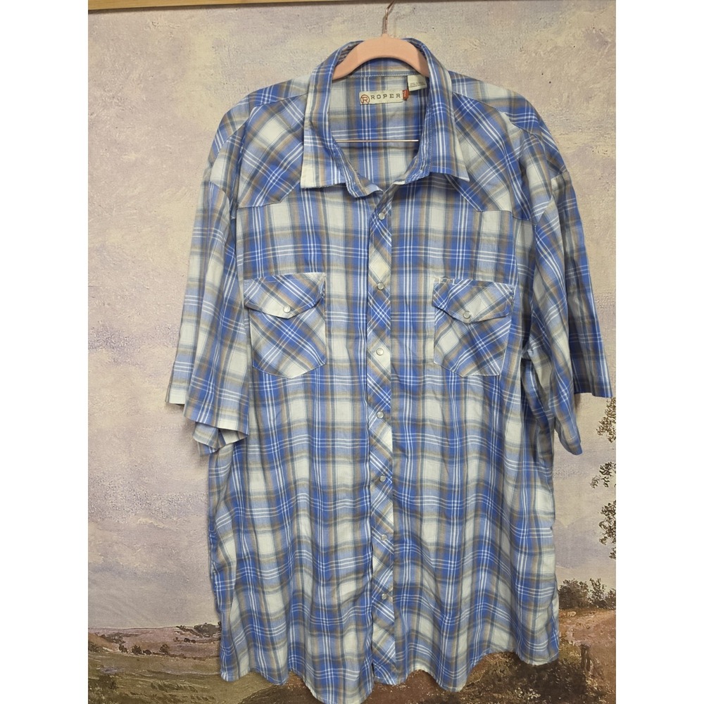 Roper Western Shirt Mens Large Blue Gray White Plaid Snap Button Flap Pocket